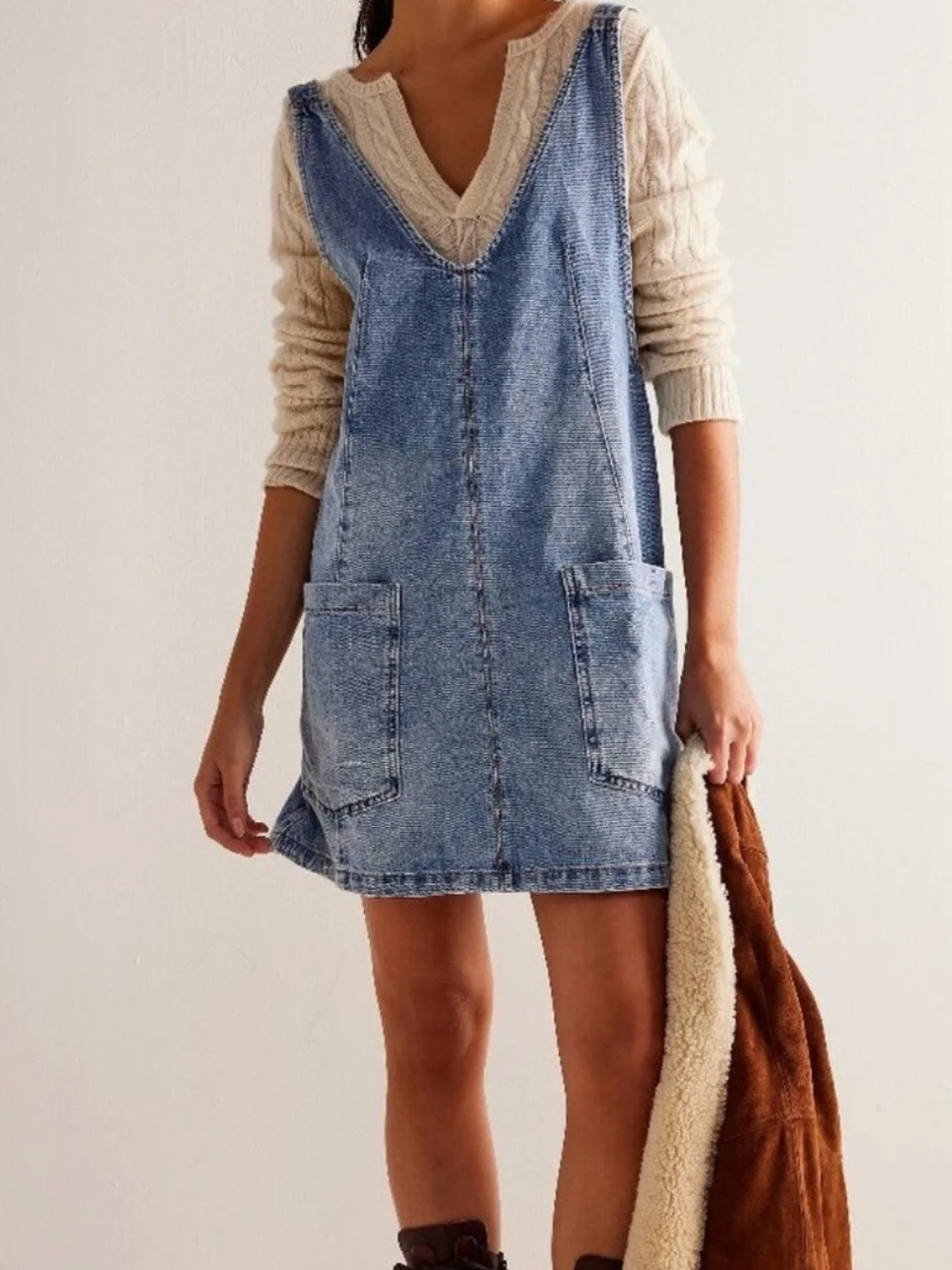 NWT Free People Light Blue Denim V-Neck Mini Pinafore Dress - Picture 3 of 7